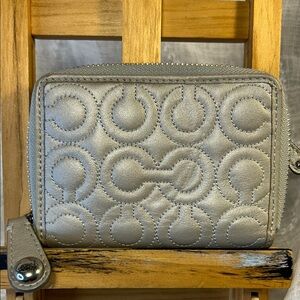 Coach quilted silver zip around wallet